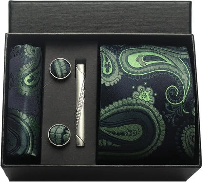 100% Silk Necktie Paisley Floral Men Business Tie, Pocket Square ,Tie Clip ,Cufflinks Set  Gift Box.