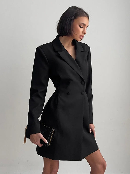Woman Clothes Elegant Double Breasted Tunics Blazer Dresses ,Long Sleeve Buttons Solid Black Short Dress