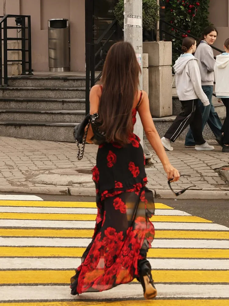Summer Fashion Women Strap Dresses, Print Asymmetrical Chiffon Floral Streetwear.