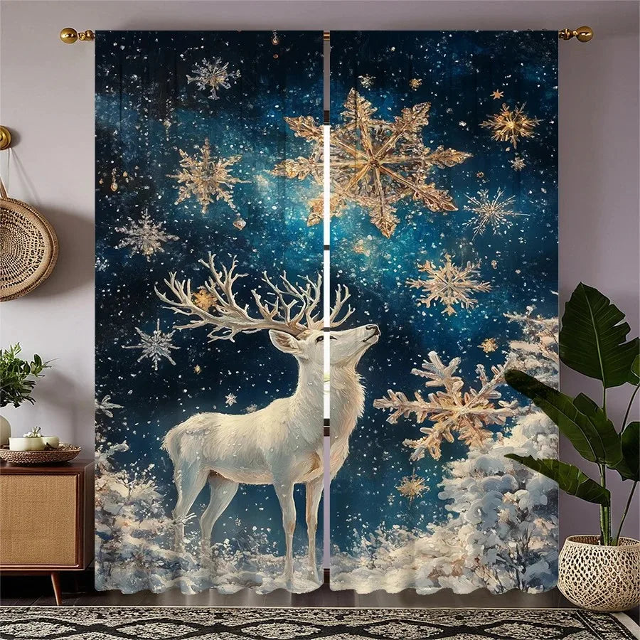 2pcs Sparkling Snowflake Deer Curtain, Winter Window Decor Polyester Drapes.