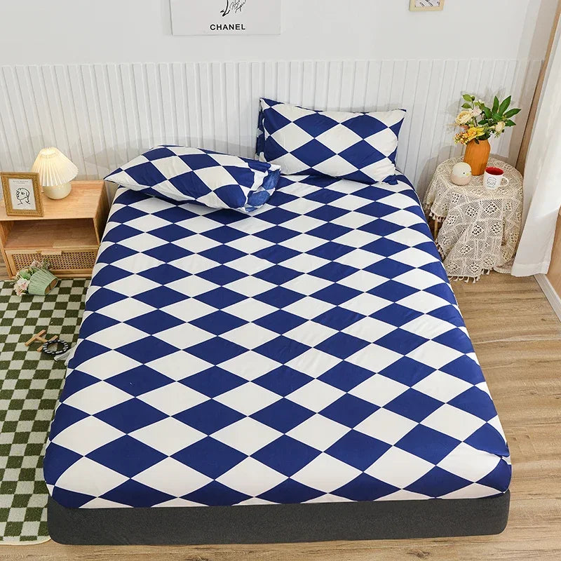 Twin Fitted Bed Sheet with Elastic Blue Flower Printed Bed Cover Single/Queen/King.