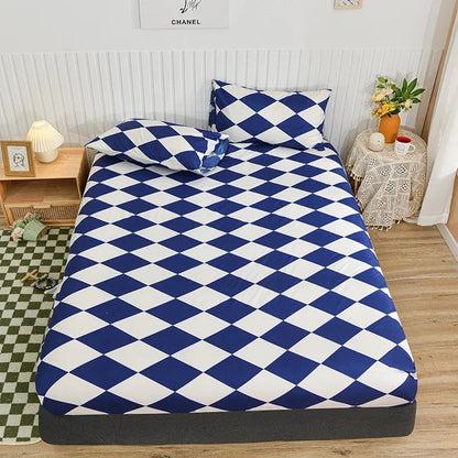 Twin Fitted Bed Sheet with Elastic Blue Flower Printed Bed Cover Single/Queen/King.