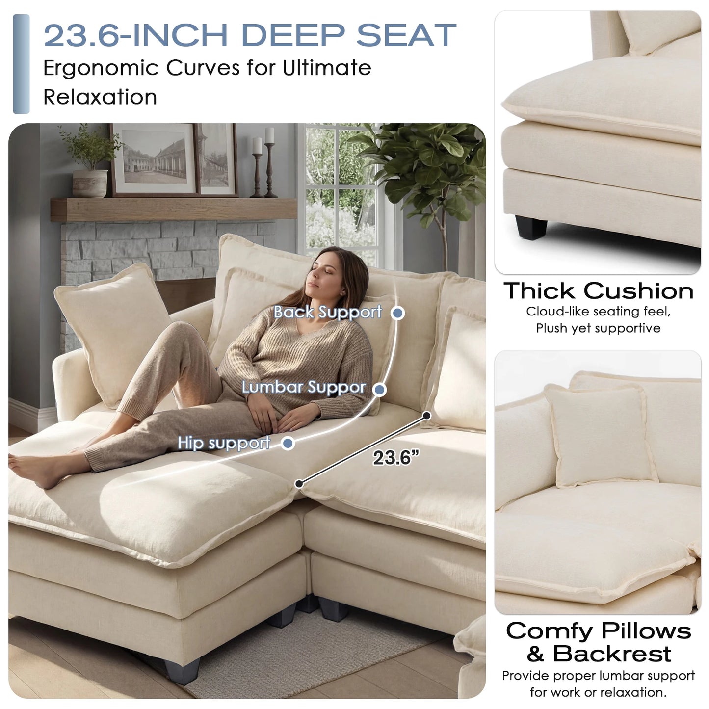 Redlife 113.4" Modular Sectional Sofa with Ottoman, Comfy Cloud Couch with Deep Seat (23.6" D), Solid Wood Frame, for Living Room.