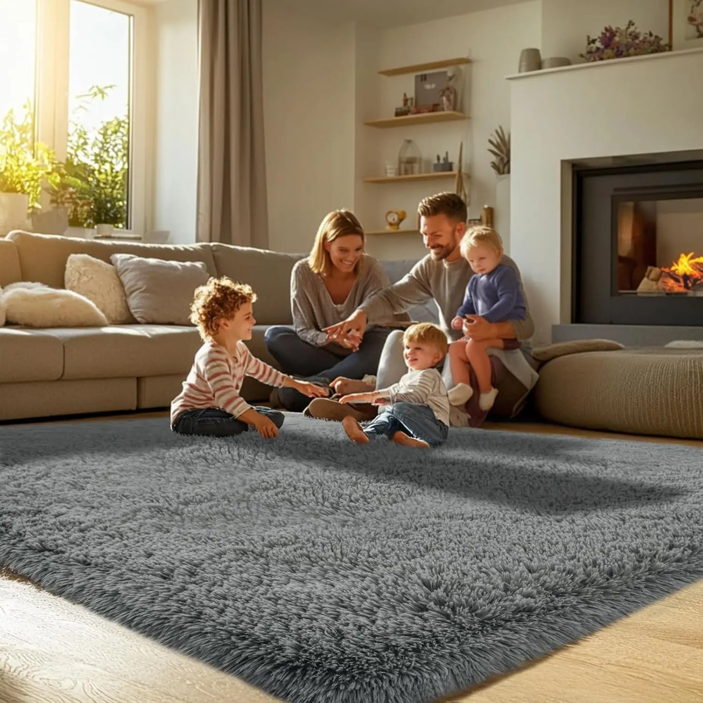 Large Shaggy Grey Area Rug,10x14 - Super Soft Fluffy Carpet for Living Room, Bedroom.