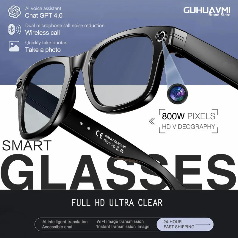 New 8 Million Pixels Camera Smart Glasses, Recording Videos, AI Photo Recognition, Answer Translation, Waterproof Blue light Glasses.