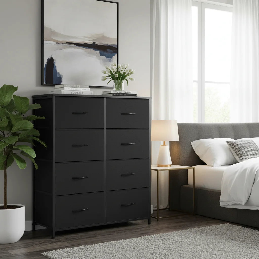 8-Drawer Black Fabric Dresser, 44 Inch Tall Storage Tower for Bedroom.