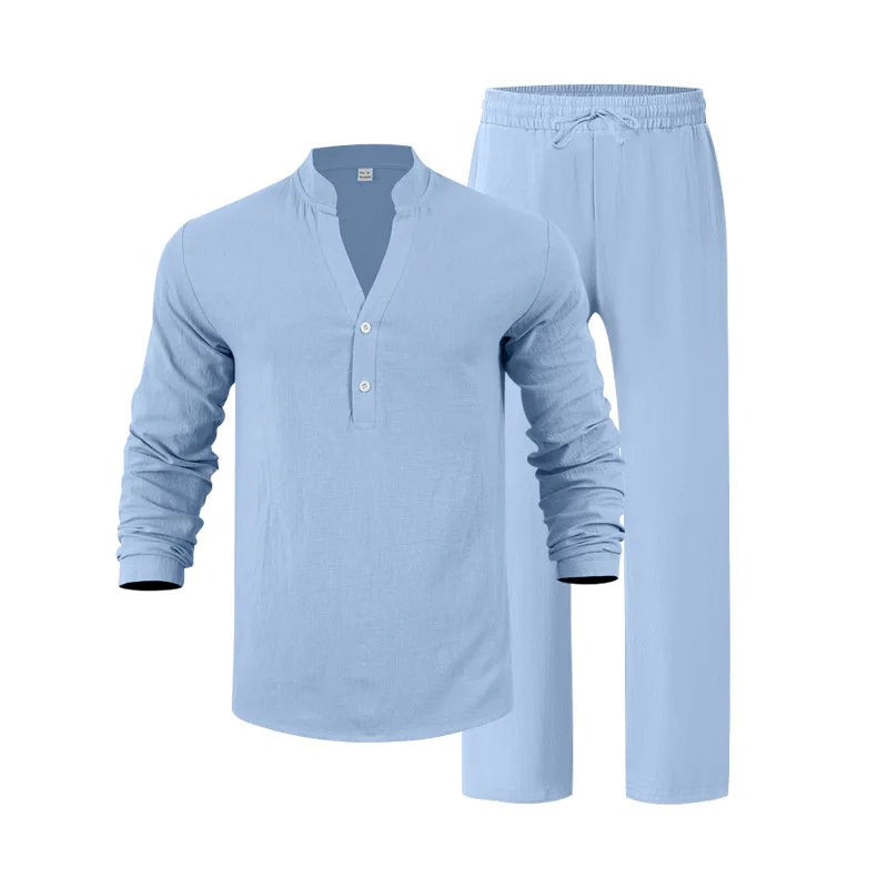 Autumn New Men Suit Style Loose Casual Breathable Henley Shirt with Straight-Leg Pants.