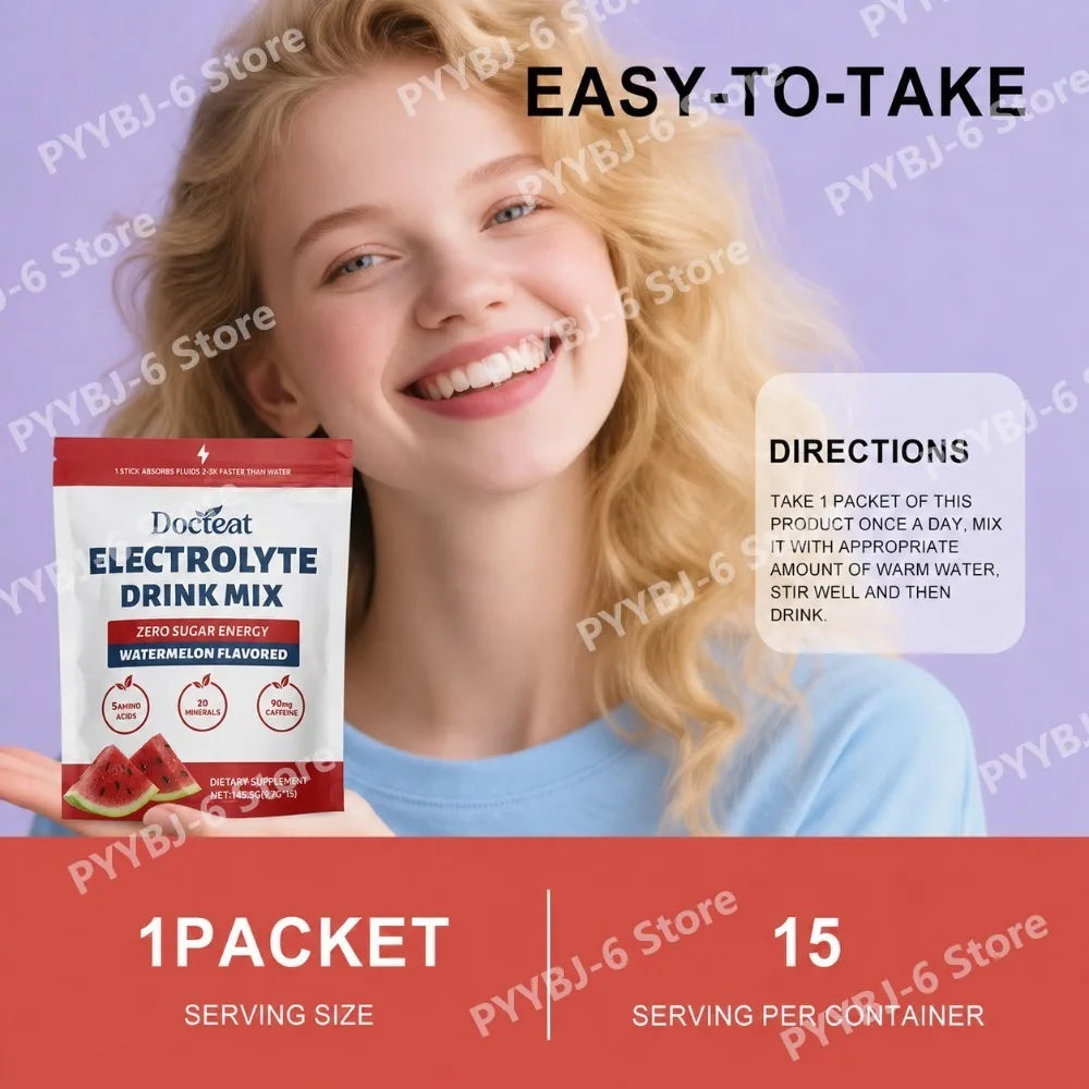 Electrolyte Drink Mix, Watermelon Flavored Zero Sugar Powder, 15 Servings, 90mg Caffeine with L-Citrulline and Taurine.