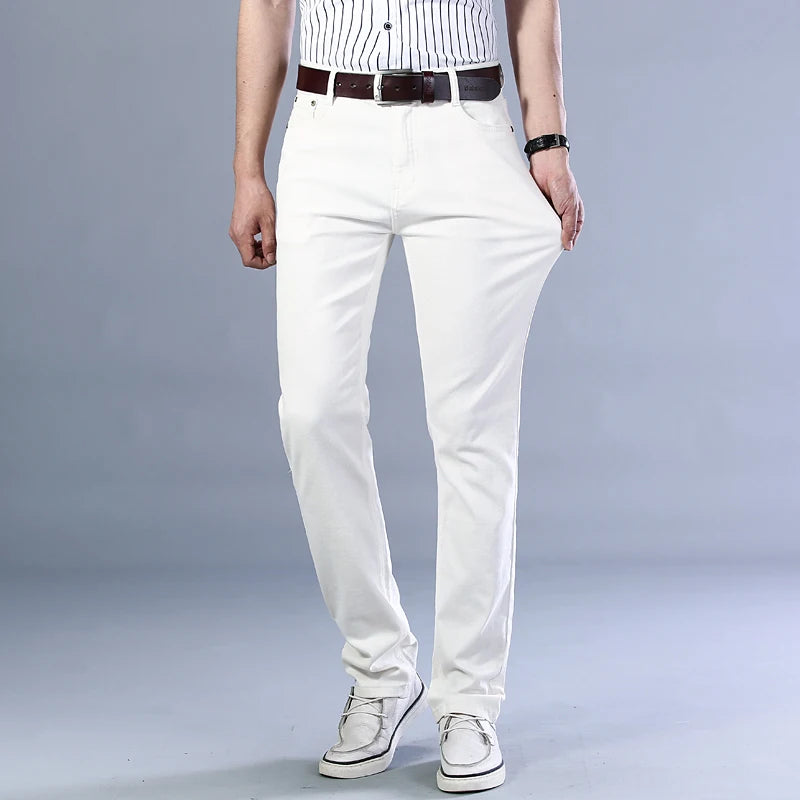 Men's White Jeans Straight Elastic Cotton Denim Pants