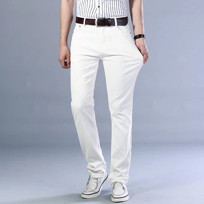 Men's White Jeans Straight Elastic Cotton Denim Pants