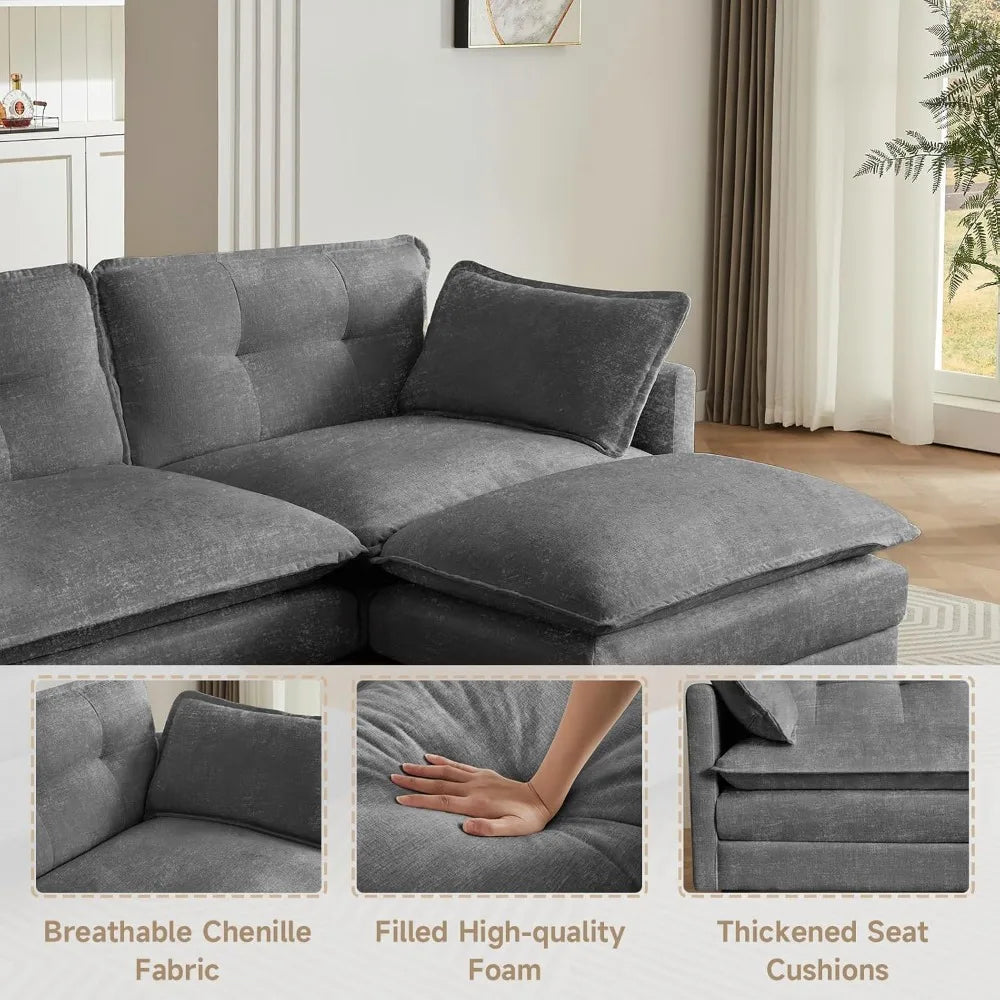108" U Shaped Modular Sectional Sofa Comfy Cloud 3 Seat with Movable Ottoman Deep Seat Living Room Linen Beige Customized