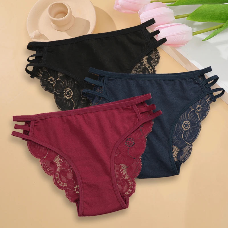3PC/Set Women Sexy Floral Lace Panties, Low Rise Hollow Out Briefs, Transparent Female Elastic Straps Soft Lingerie.