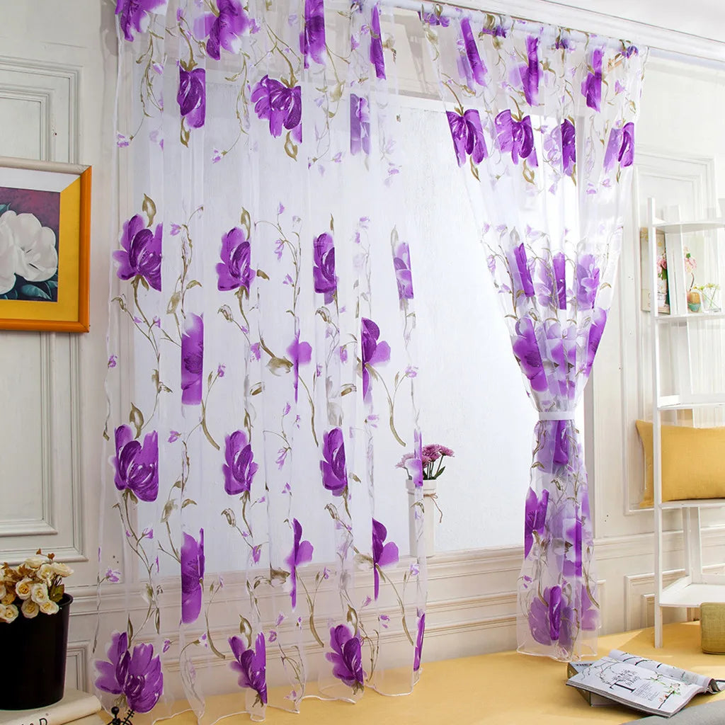 Floral Tulle Curtains For Living Room, White Sheer Curtains For Bedroom, Short Kitchen Window Curtains.