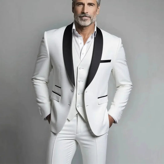 Black White Men Three Pieces Set, Large Size Male Blazer Pants and Vest.