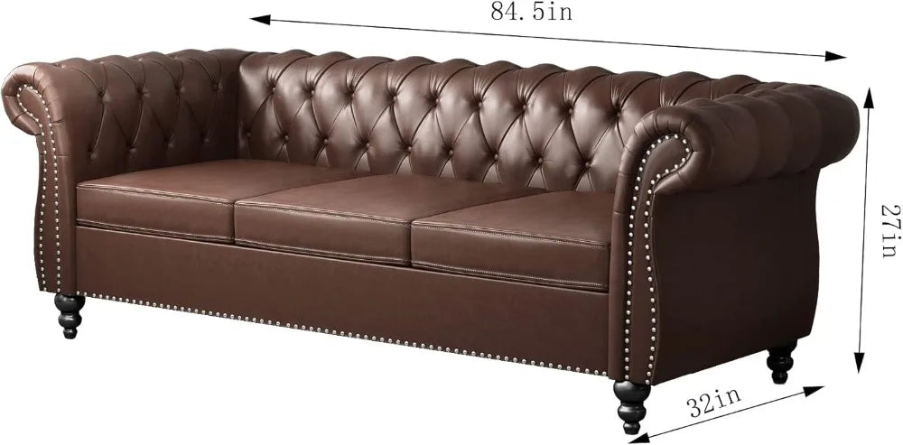 2pc Modern Tufted Faux Leather Living Room Sofa Set With Button & Nailhead Trim Scroll Arms, Grey, Customized
