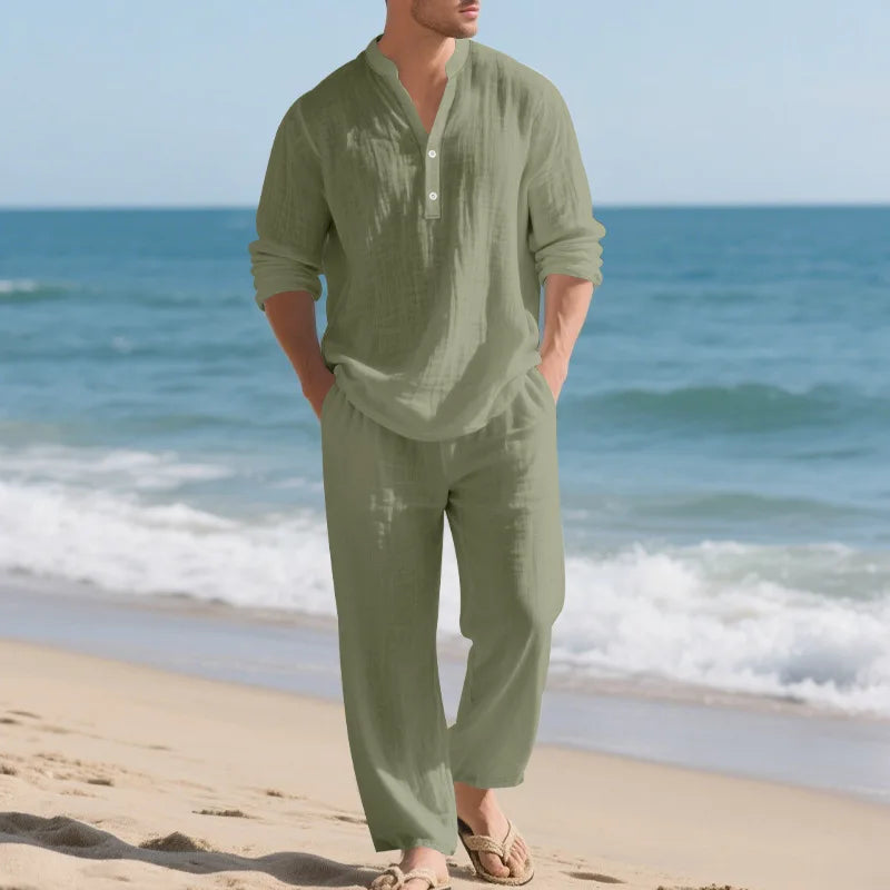 Autumn New Men Suit Style Loose Casual Breathable Henley Shirt with Straight-Leg Pants.