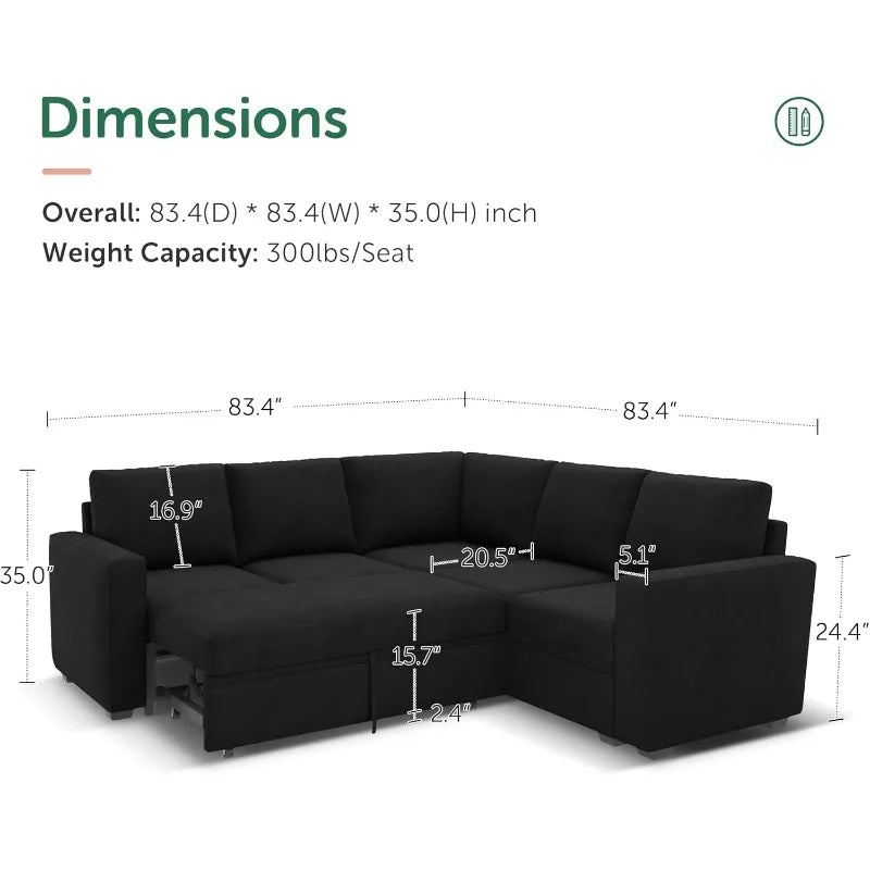 Velvet Sleeper Sectional with Storage, L-Shaped Pull Out Bed Black, Modular Design.