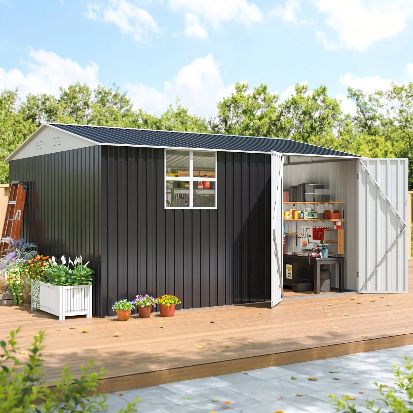 10x12 FT Outdoor Metal Storage Shed with Windows, Lockable Tool Shed, Heavy-Duty Frame.