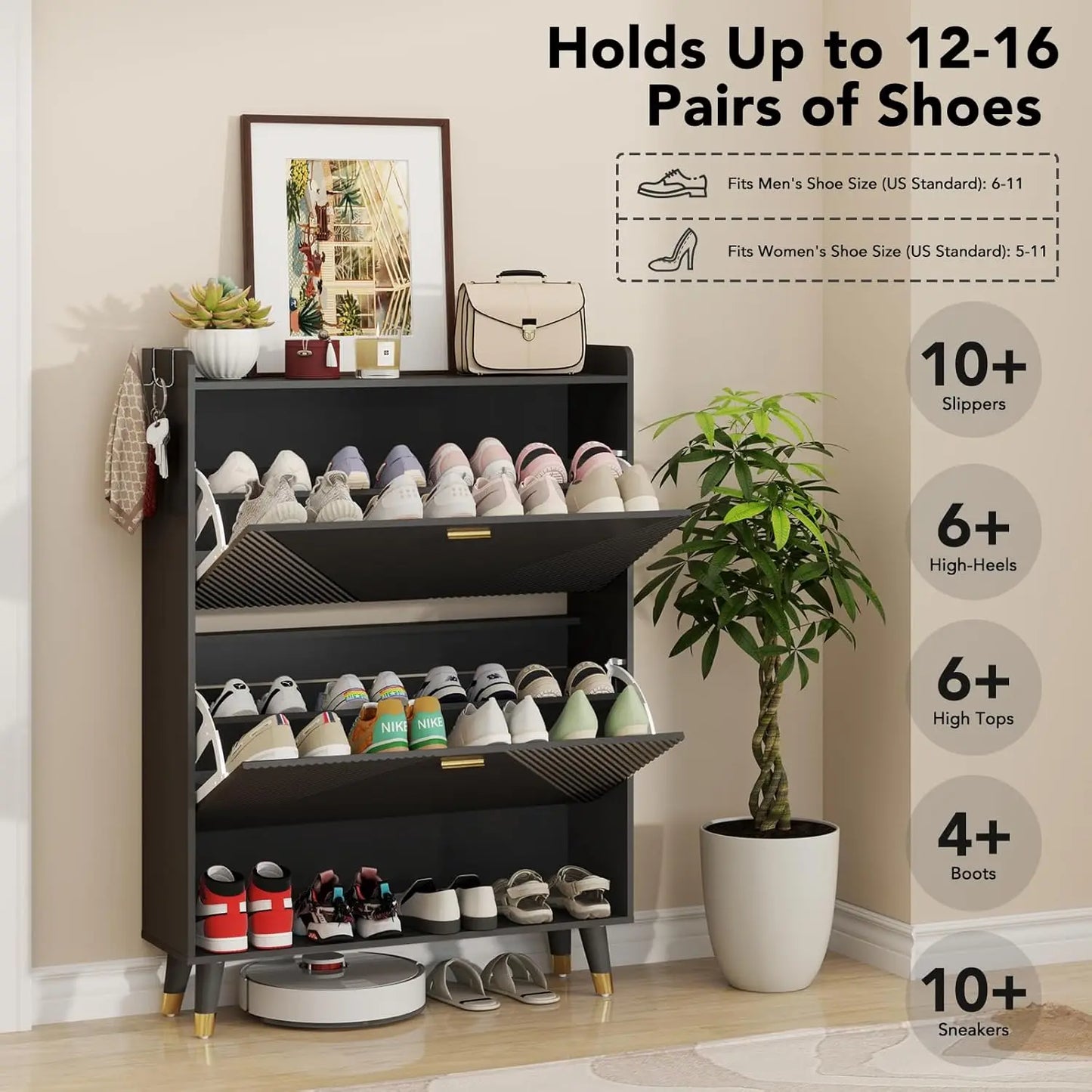 Shoe Cabinet for 24 Pairs, Fits Size 13,  Freestanding Shoe Rack.