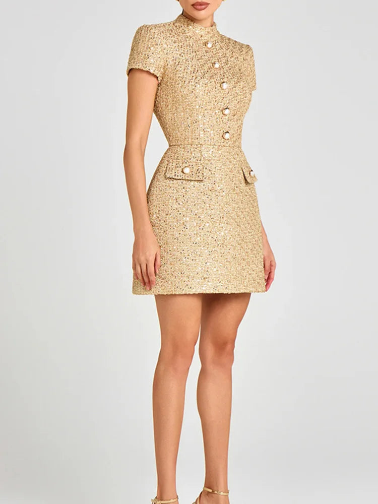 Elegant Dress for Women Vintage Short Sleeve Dresses, Solid Button Stand Collar Mini 2026 New Spring Summer Dress