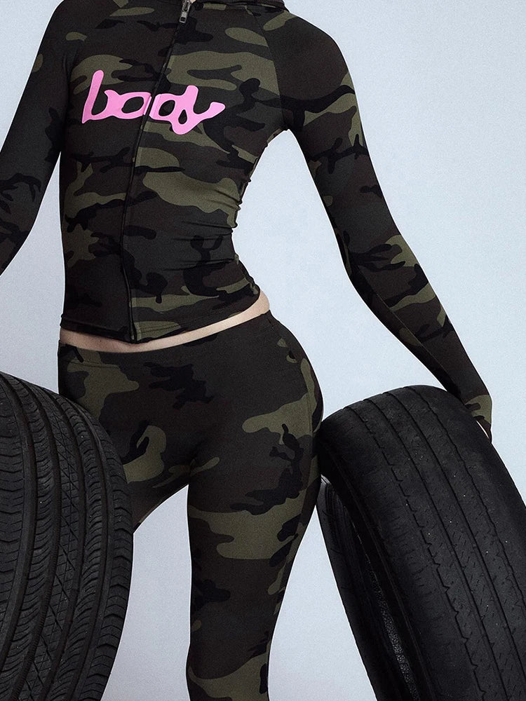 Letter Print 2 Piece Set, Women Zip Cardigan Hooded Crop Jacket Skinny Leggings, Wild Sporty Style Outfits,