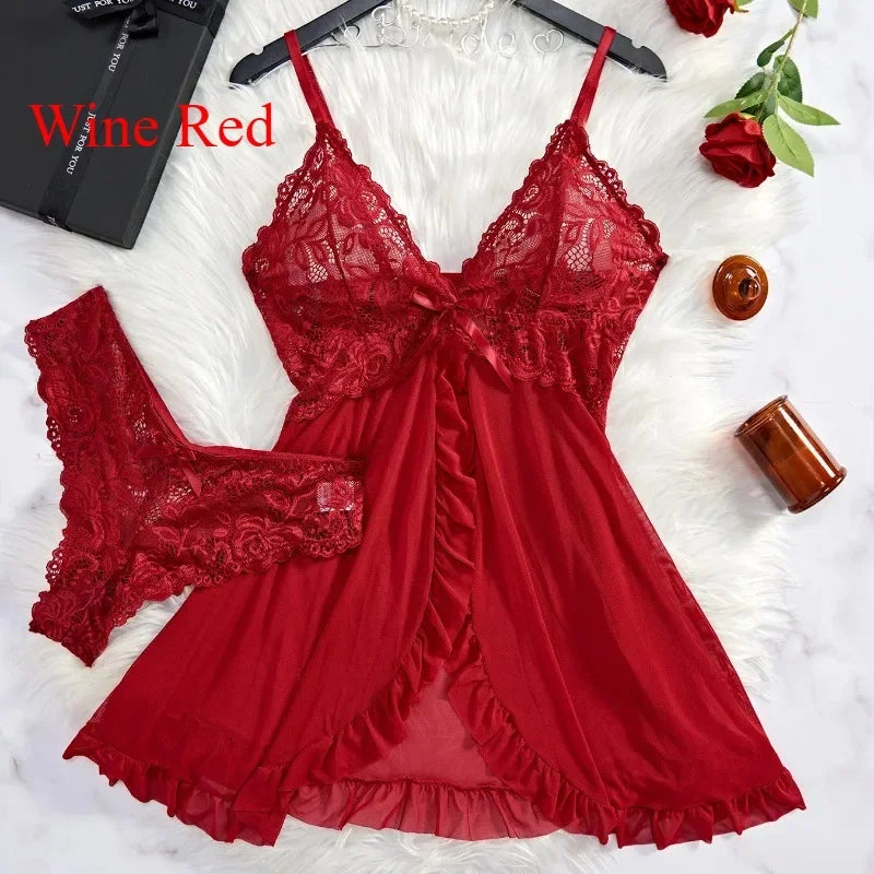 Sexy Lingerie Set, Women Erotic Bra Nightdress Sexy Sleepwear, V Neck Full Slip.