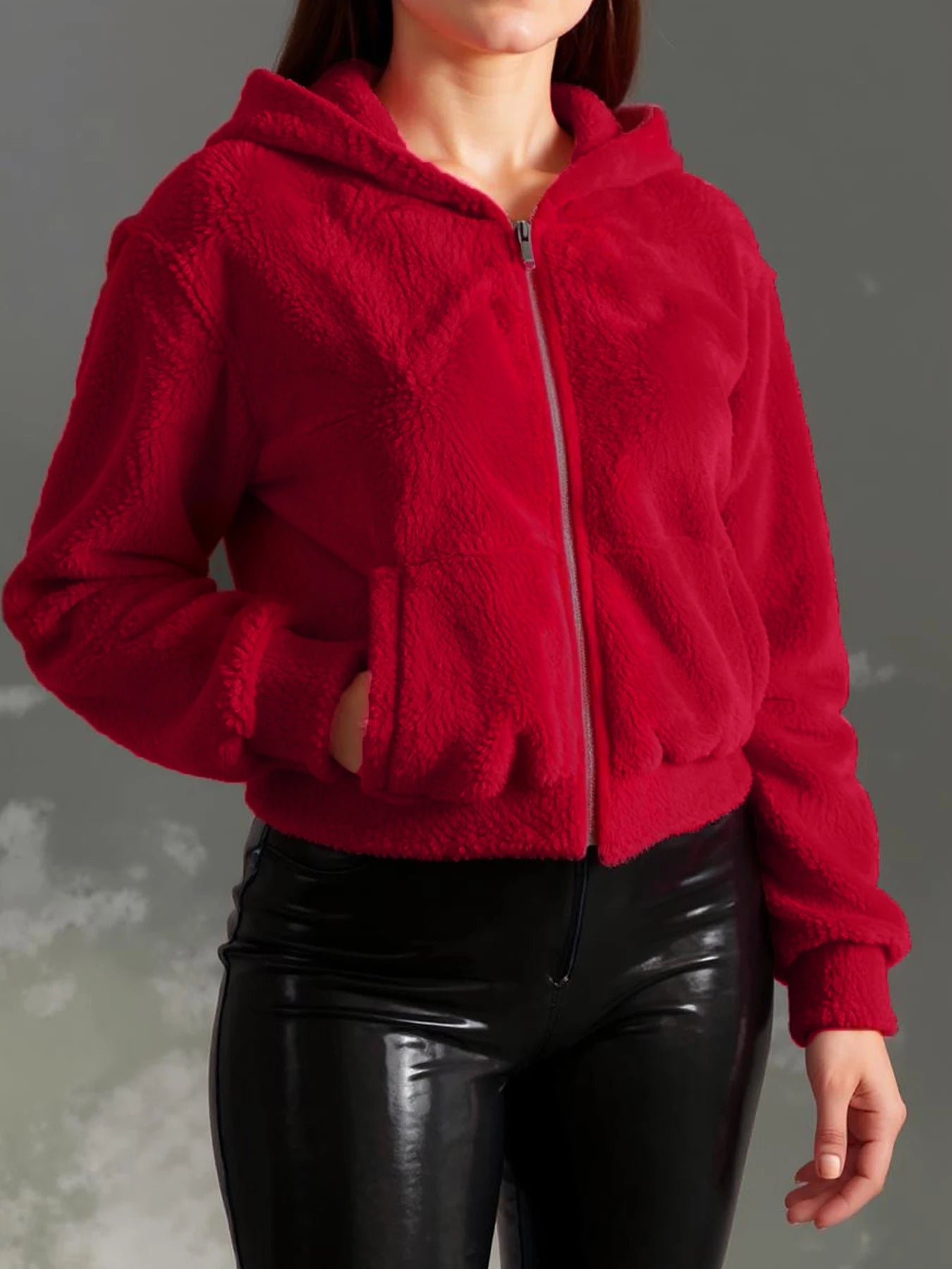 New Christmas collection Women autumn and winter red plush, hooded short coat with zipper design.