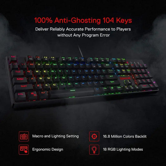 Redragon K582 SURARA RGB LED, Backlit Mechanical Gaming Keyboard, with 104 Keys-Linear and Quiet-Red Switches.