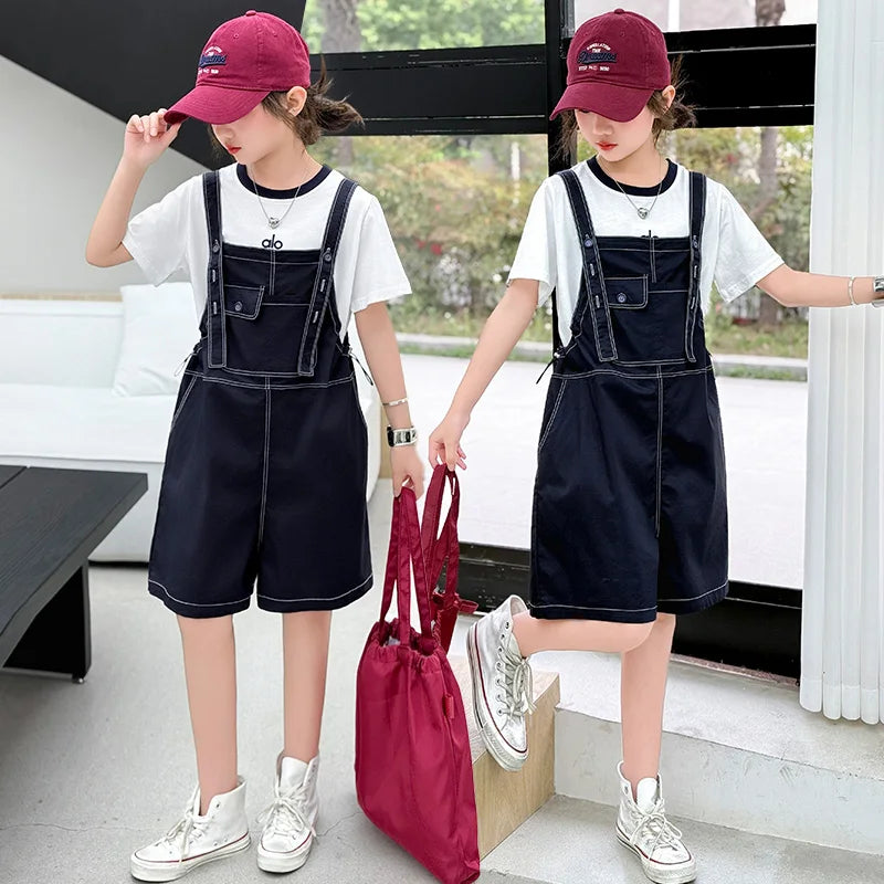 Girls Fashion Denim Overalls Medium, Big Children's Casual Loose Denim