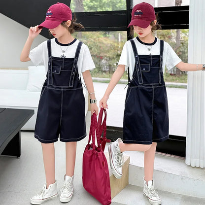 Girls Fashion Denim Overalls Medium, Big Children's Casual Loose Denim