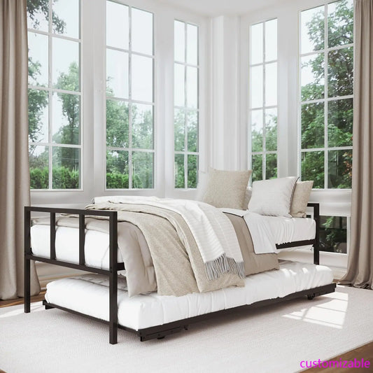 Twin Daybed and Fold- Up Trundle Set, with Pop Up Trundle, Black Frame - Mattresses Sold Separately.