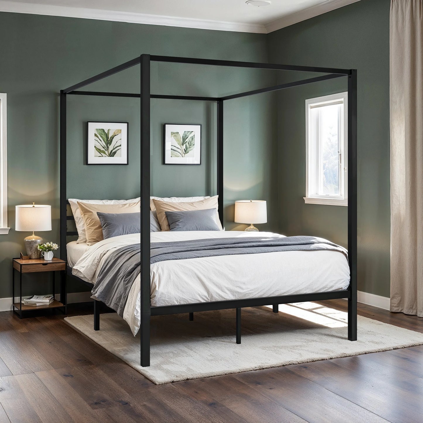 Canopy Bed Frame 4-Poster 3-Metal Crossbar, No Box Spring Needed