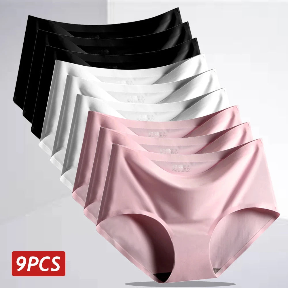 9PCS Ice Silk Seamless Panties For Women, Mid Rise Intimate Breathable Large Size Lingerie.