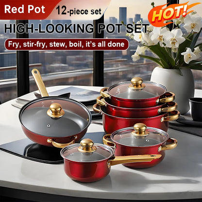 Red Cookware Set, 12-Piece ,Stainless Steel, Non-Stick.