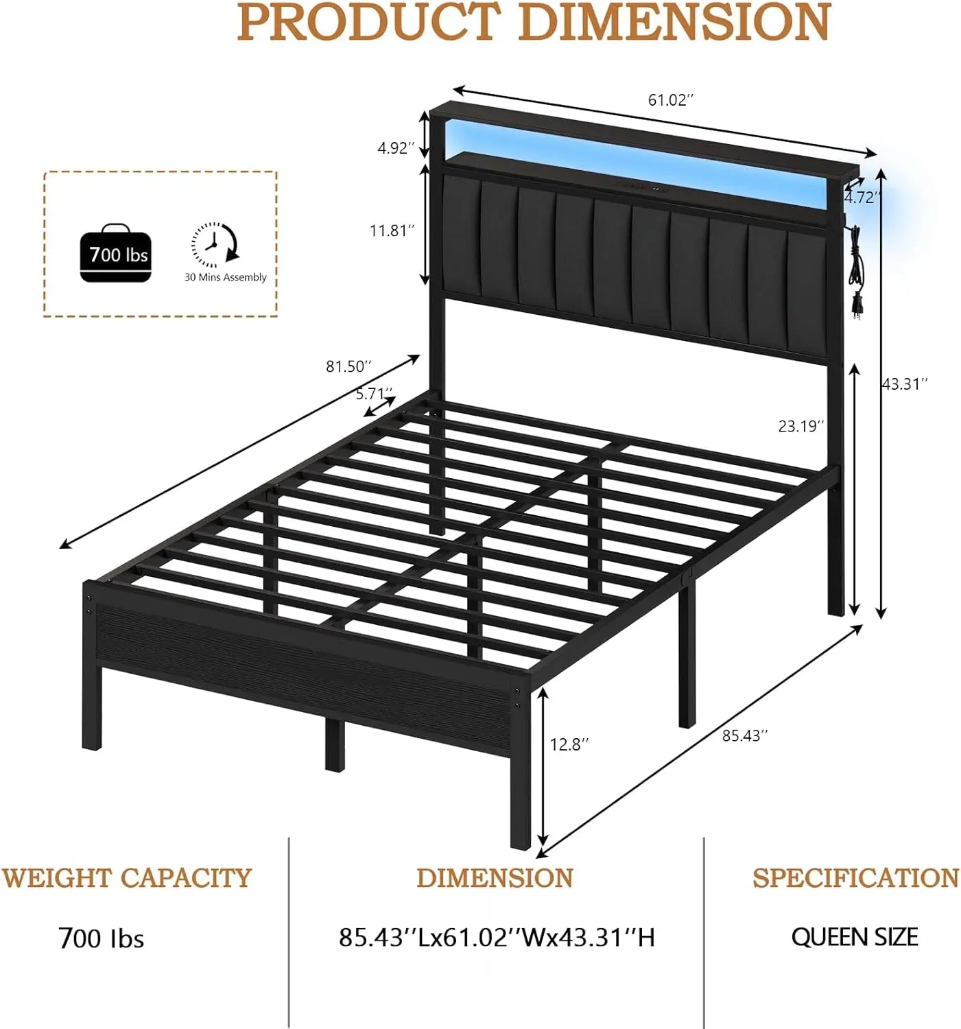 Queen Size Bed Frame with Charging Station and LED Lights, with Metal Slats, Grey Upholstered Headboard.