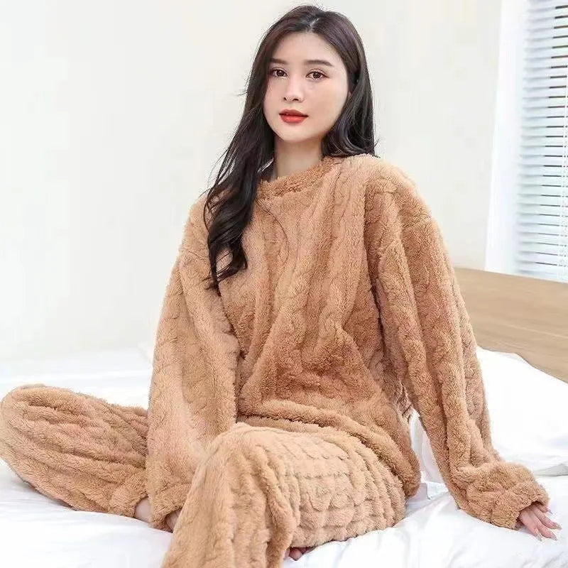 Thickened Warm Autumn and Winter Flannel Pajamas Women Long-Sleeved Loungewear