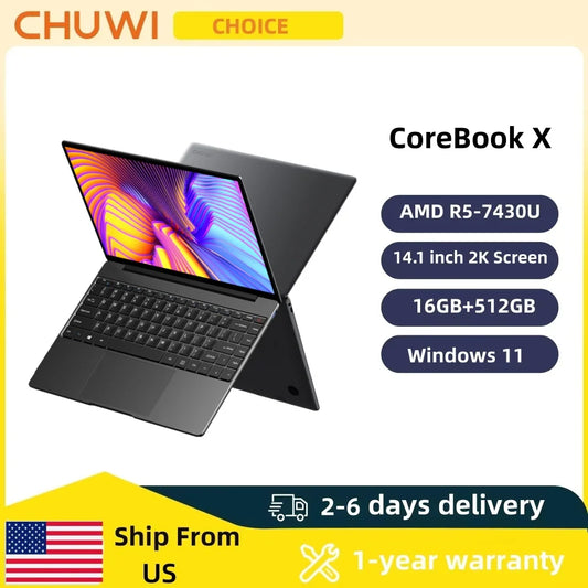 CHUWI Core Book X Gaming Laptop, AMD R5-7430U,16GB DDR4 RAM, 512GB SSD 14.1 inch, 2K Screen Lightweight Notebook.