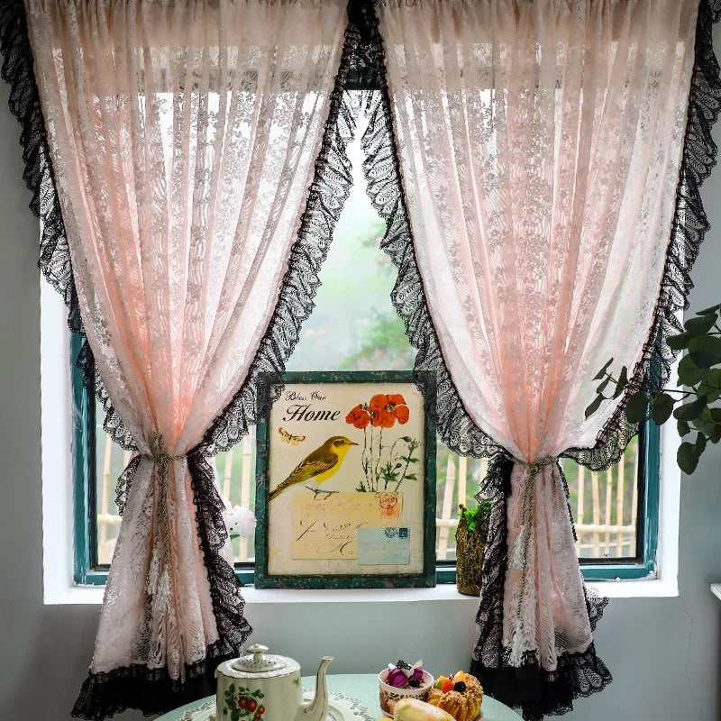Vintage Black Lacework with Pink Jacquard Sheer Floral Curtains.