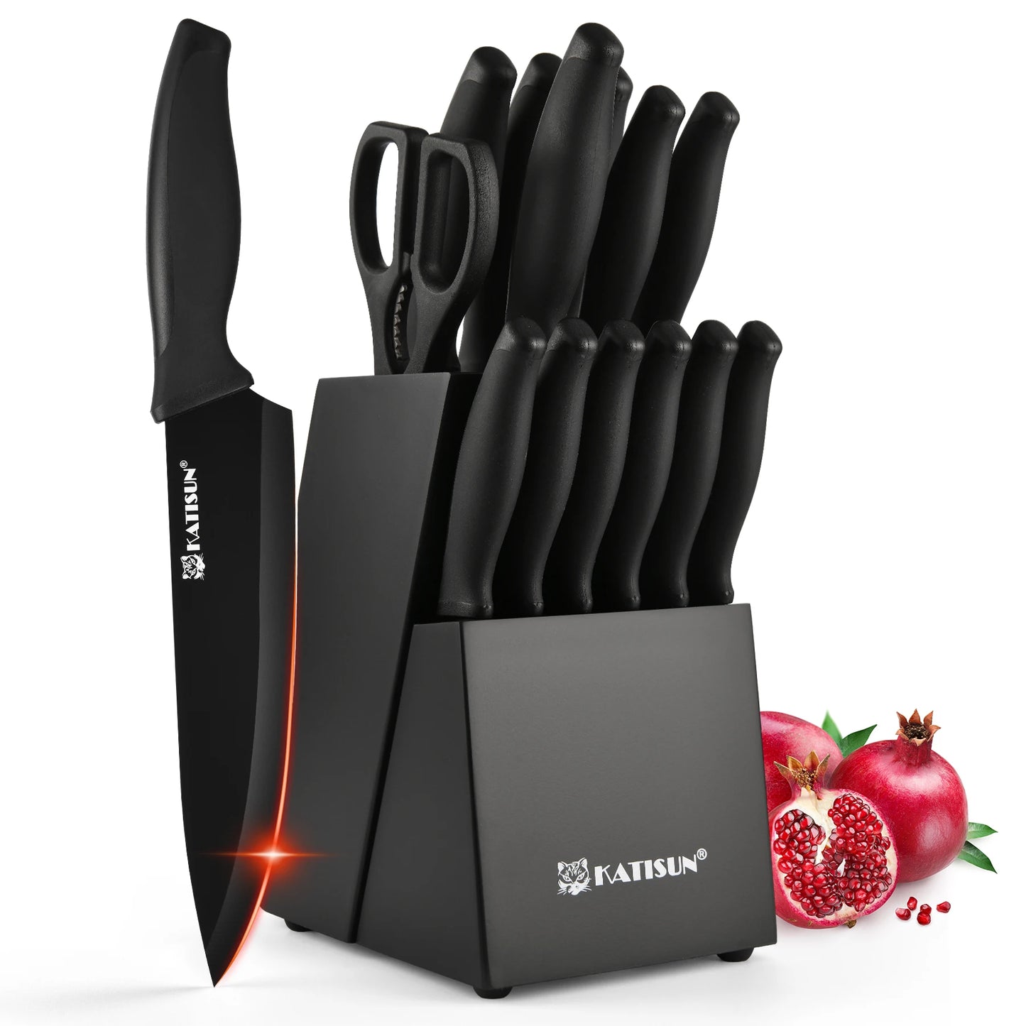 15 Pieces Carbon Steel Kitchen Knife Block Set, Built-in Knife Sharpener, Non-Slip PP+TPR Handles, 6 Steak Knives.