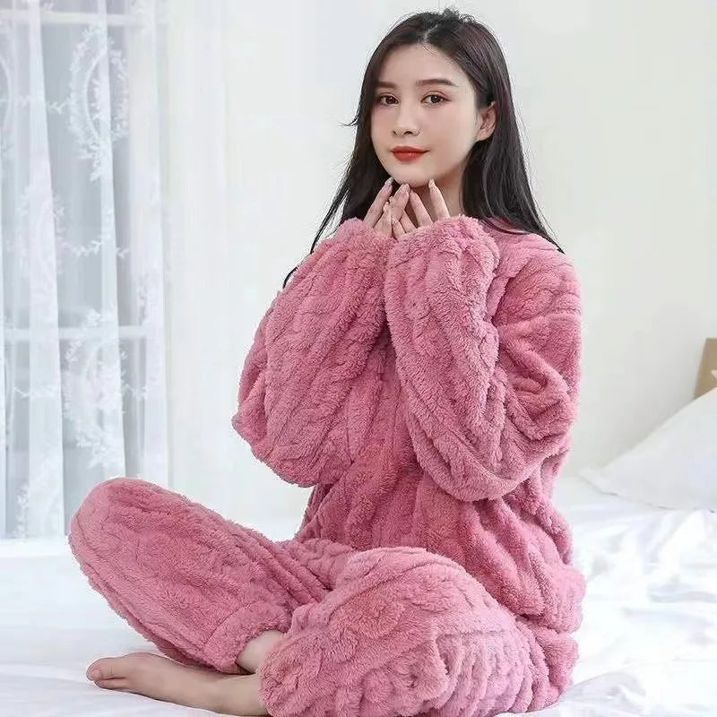 Thickened Warm Autumn and Winter Flannel Pajamas Women Long-Sleeved Loungewear