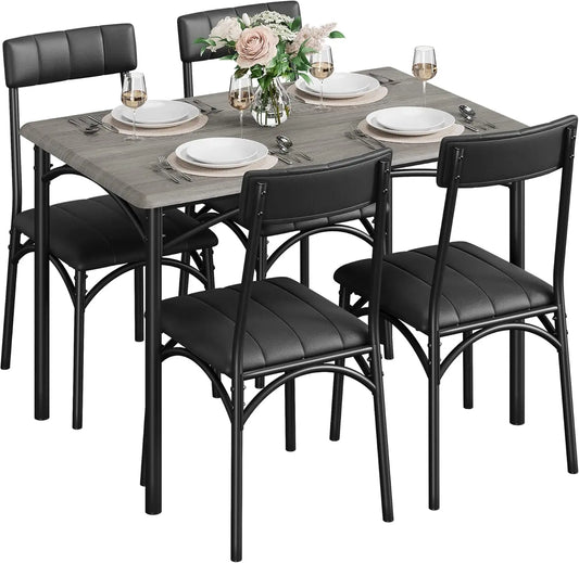 5-Piece Industrial Dining Table Set, Compact Kitchen Table & 4 Padded Chairs, Dining Room Furniture Set for Small Space.