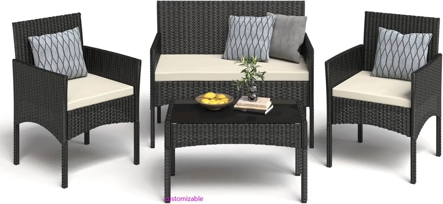 4 Pieces Patio Furniture Set, Outdoor Wicker Rattan Patio Conversation Furniture Set.