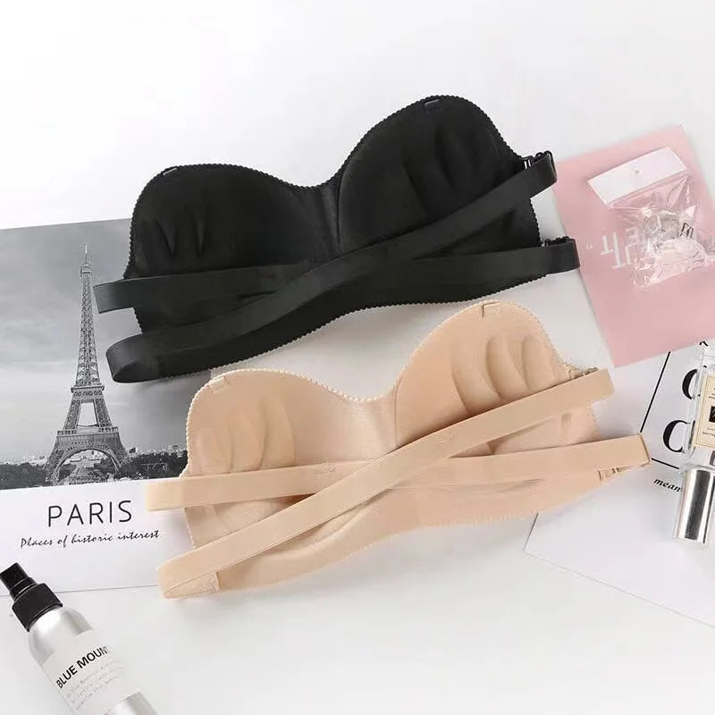 Sexy Backless Invisible Push Up for Women, Seamless Black Strapless Bra.