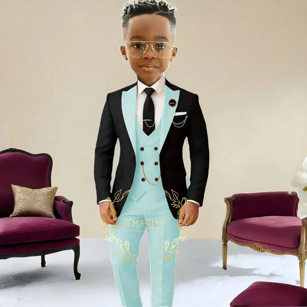 Boys Suit , Tuxedo Black Jacket, Beige Pants ,Vest 3 Pieces Set Kids 2-16 Years Old.