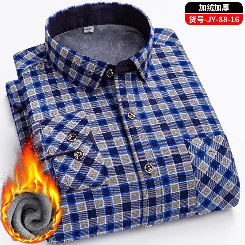 Men Travel, Casual ,Winter, Double-Sided Fleece, Warm Thickened Plaid Work Shirt.