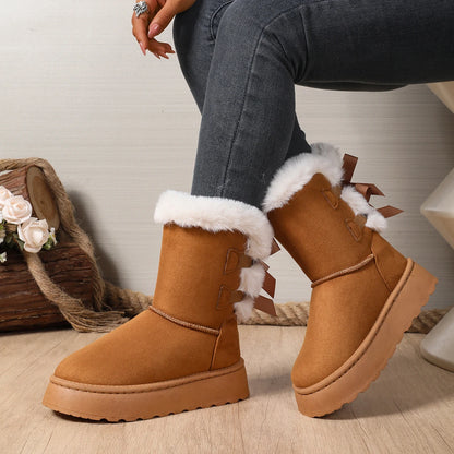 Bow Round Toe Elegant  Flat Wear-resistant Warm Women's Shoes