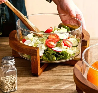 Elegant Glass Salad Bowl Set with Wooden Base.