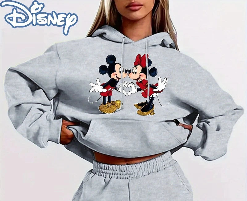 Women Mickey & Minnie Mouse Print Hoodie- Cozy Pullover with Drawstring Waist, Casual Fall/Winter.