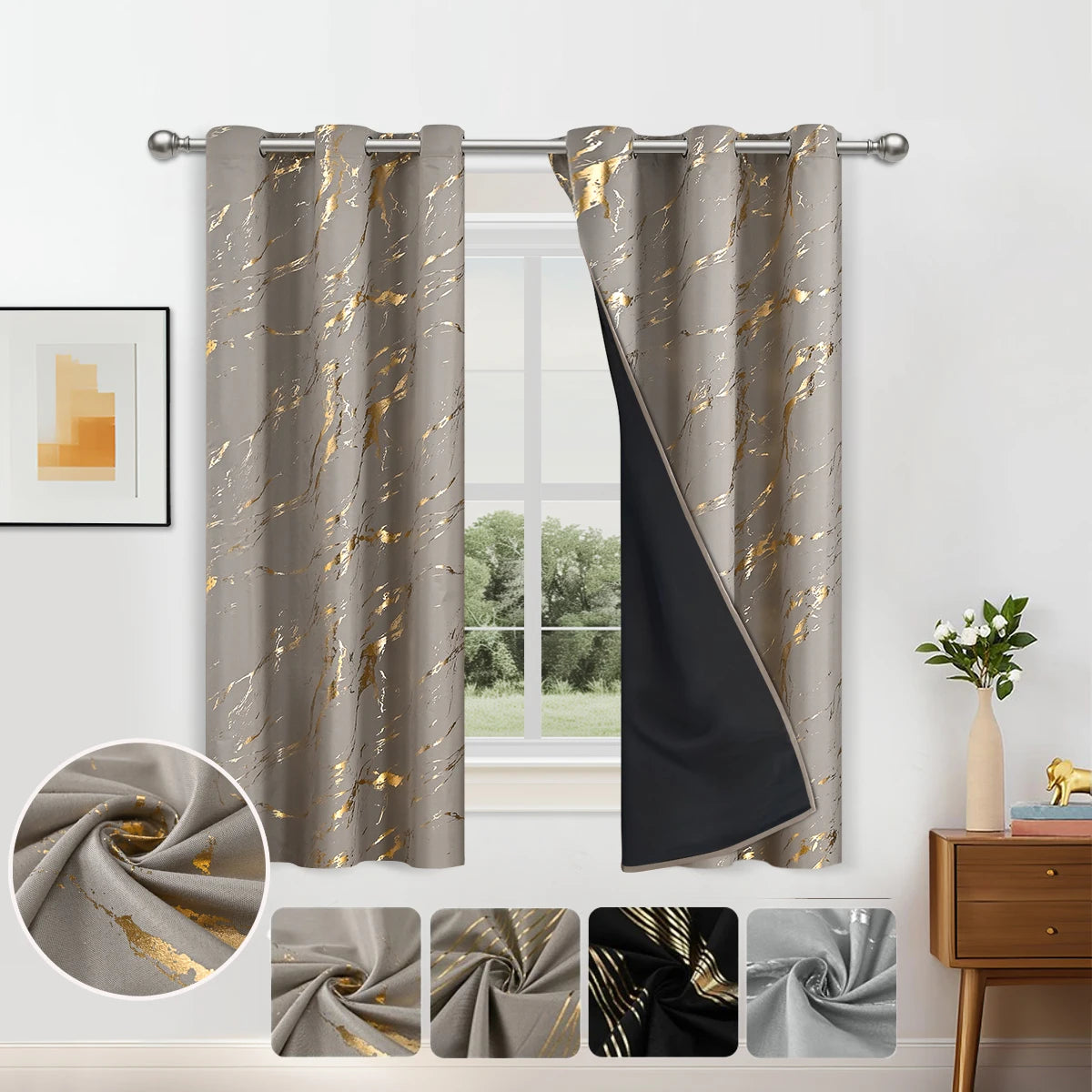 1pc/2pcs Wave and Marble 100% Blackout Curtains, Hot Stamping and Silver Curtains.