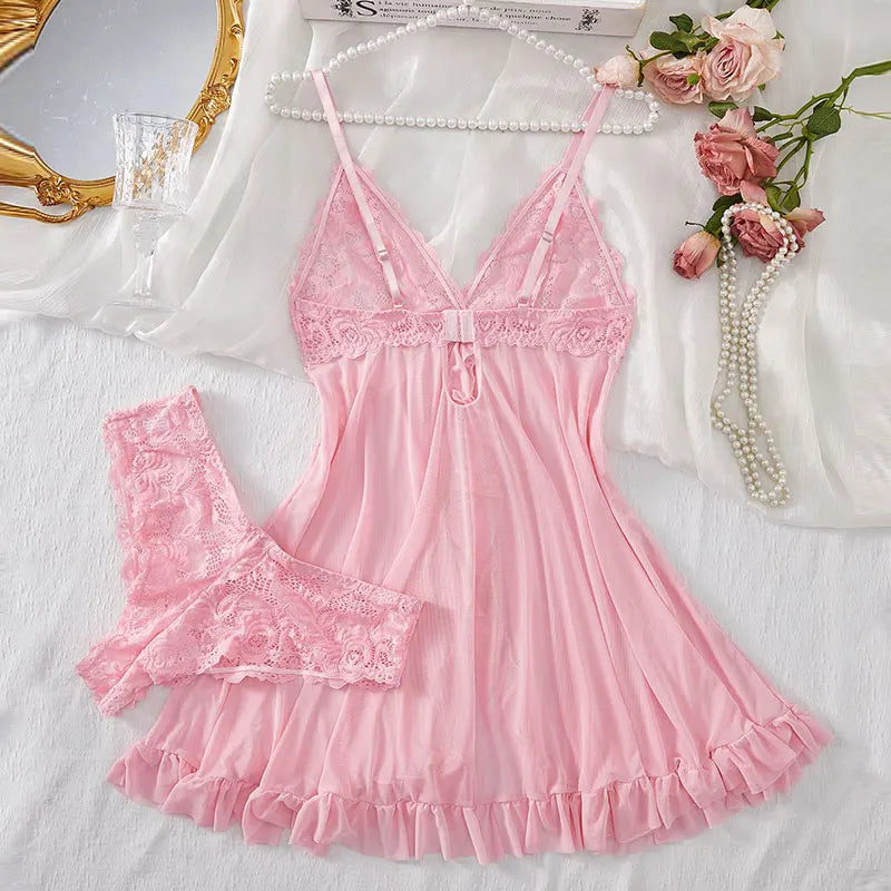 2 Pcs Set Lace Nightgown, Women Exquisite Nighties Transparent V-Neck Bra Panty Sets.